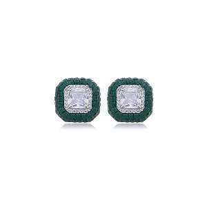 Brinco de base com zirconia esmeralda banho em rodio branco