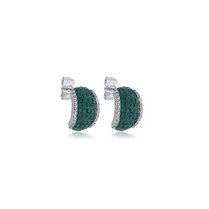 Brinco de argola com zirconia esmeralda banho em rodio branco