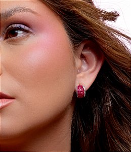 Brinco de argola com zirconia pink banho em rodio branco
