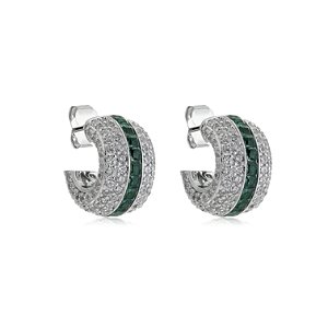 Brinco de argola com zirconia esmeralda banho em rodio branco
