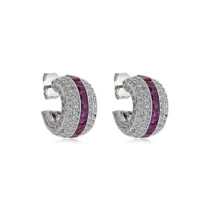 Brinco de argola com zirconia pink banho em rodio branco