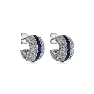 Brinco de argola com zirconia safira banho em rodio branco