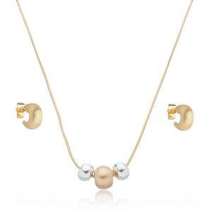 Conjunto de brinco e colar liso banho em rodio branco e ouro 18k