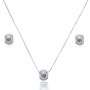 Conjunto de brinco e colar liso banho em rodio branco