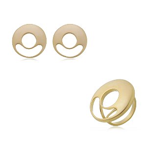Conjunto de brinco e anel dourado acetinado banho em ouro 18k