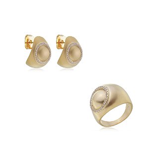 Conjunto de brinco e anel dourado com zirconia cristal com banho em ouro 18k