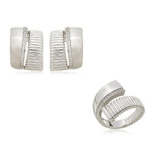 Conjunto de brinco e anel com zirconia cristal com banho em rodio branco