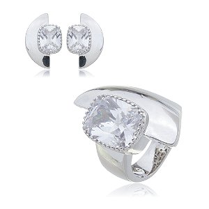 Conjunto de brinco e anel com zirconia cristal com banho em rodio branco