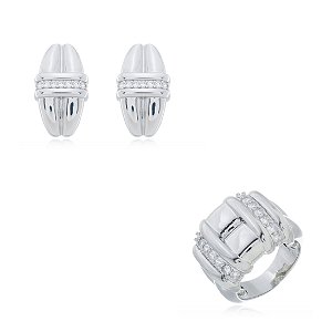 Conjunto de brinco e anel com zirconia com banho em rodio branco