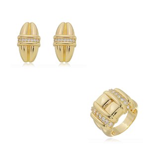 Conjunto de brinco e anel dourado com zirconia com banho em ouro 18k