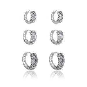 Brinco de trio com zirconia cristal com banho em rodio branco