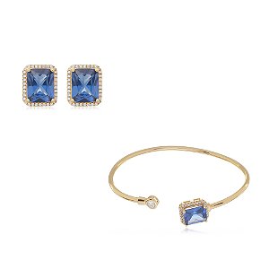 Conjunto de brinco e bracelete com zirconia azul banho em ouro 18k