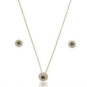 Conjunto de brinco e colar com zirconia esmeralda banho em ouro 18k