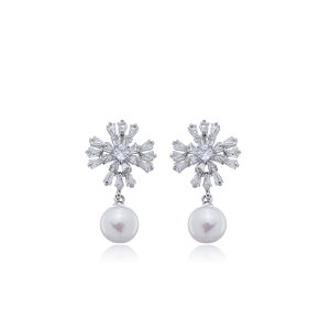 Brinco de perola com zirconia cristal banho em rodio branco