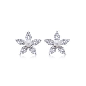 Brinco de perola com zirconia cristal banho em rodio branco
