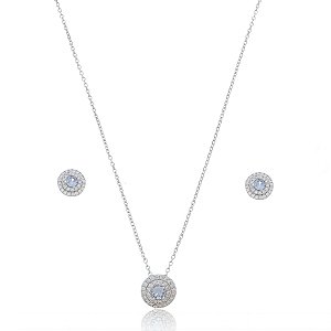 Conjunto de brinco e colar com zirconia azul banho em rodio branco