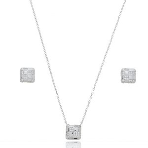 Conjunto de brinco e colar com zirconia cristal banho em rodio branco