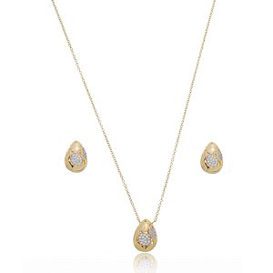 Conjunto de brinco e colar com zirconia cristal banho em ouro 18k