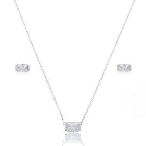 Conjunto de brinco e colar com zirconia cristal banho em rodio branco