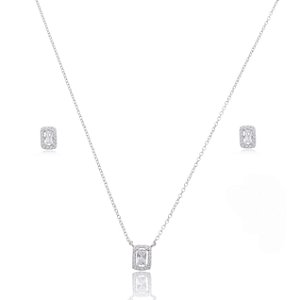 Conjunto de brinco e colar com zirconia cristal banho em rodio branco