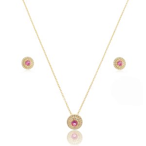 Conjunto de brinco e colar com zirconia pink banho em ouro 18k