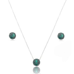 Conjunto de brinco e colar com zirconia esmeralda banho em rodio branco