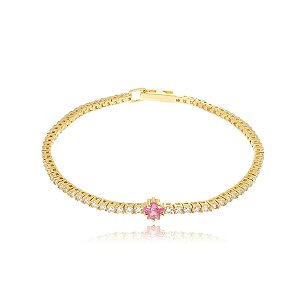 Pulseira de riviera dourada com zirconia pink banho em ouro 18K