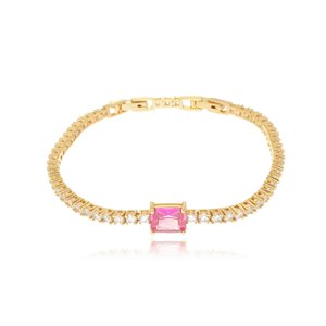 Pulseira de riviera dourada com zirconia pink banho em ouro 18K