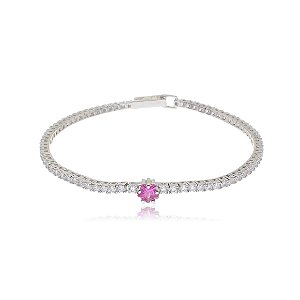 Pulseira de riviera com zirconia pink banho em rodio branco