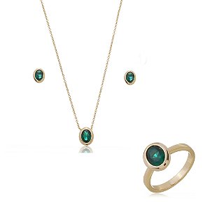 Trio de colar brinco e anel com zirconia esmeralda banho em ouro 18k