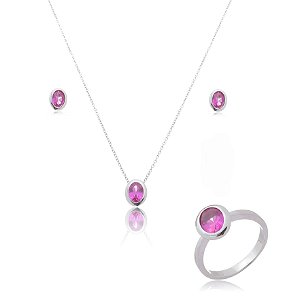 Trio de colar brinco e anel com zirconia pink banho em rodio branco