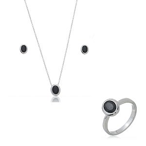 Trio de colar brinco e anel com zirconia onix banho em rodio branco