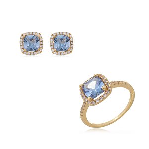Conjunto de brinco e anel cravejado de zirconia topazio banho em ouro 18k