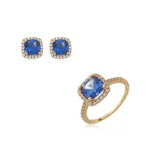 Conjunto de brinco e anel cravejado de zirconia safira banho em ouro 18k
