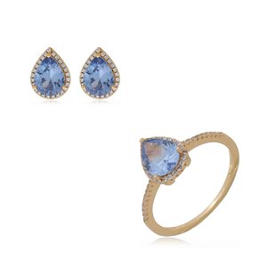 Conjunto de brinco e anel cravejado de zirconia topazio banho em ouro 18k
