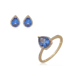 Conjunto de brinco e anel cravejado de zirconia safira banho em ouro 18k