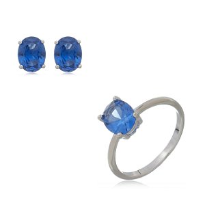 Conjunto de brinco e anel cravejado de zirconia safira banho rodio branco