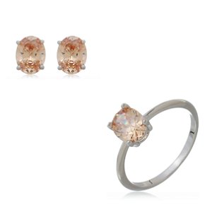 Conjunto de brinco e anel cravejado de zirconia morganita banho rodio branco