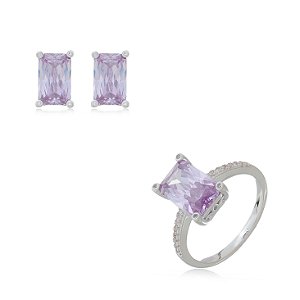 Conjunto de brinco e anel cravejado de zirconia ametista banho rodio branco