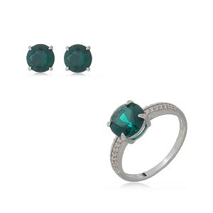 Conjunto de brinco e anel cravejado de zirconia esmeralda banho rodio branco