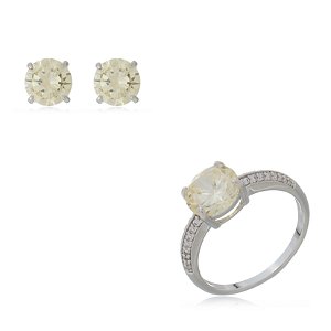 Conjunto de brinco e anel cravejado de zirconia citrino banho rodio branco