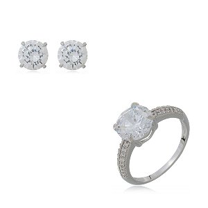 Conjunto de brinco e anel cravejado de zirconia cristal banho rodio branco