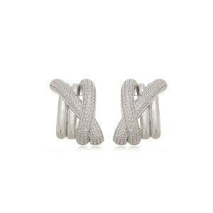 Brinco de argola com zirconia cristal banho em rodio branco