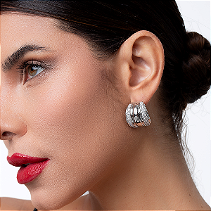 Brinco de argola com zirconia cristal banho em rodio branco