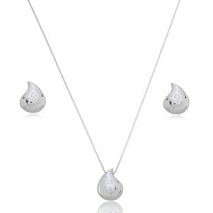 Conjunto de brinco e colar com zirconia cristal banho em rodio branco