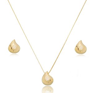 Conjunto de brinco e colar com zirconia cristal banho em ouro 18k