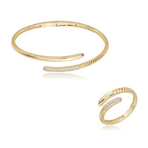 Conjunto de pulseira e anel cravejado de zirconia cristal banho em ouro 18k