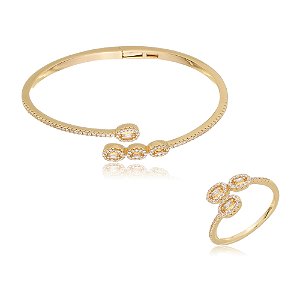 Conjunto de pulseira e anel cravejado de zirconia cristal banho em ouro 18k