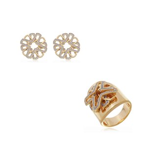 Conjunto de brinco e anel cravejado de zirconia cristal banho em ouro 18k