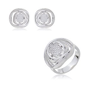 Conjunto de brinco e anel cravejado de zirconia cristal banho em rodio branco